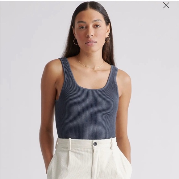 Quince Cropped Square Neck Ribbed Knit Tank in Blue Gray Size Medium - Picture 1 of 10